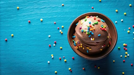 Poster - A single scoop of chocolate ice cream with colorful sprinkles in a brown bowl on a blue wooden background