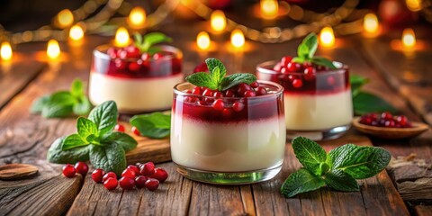 Poster - Creamy Dessert with Red Berries and Mint Garnish on Rustic Wooden Surface