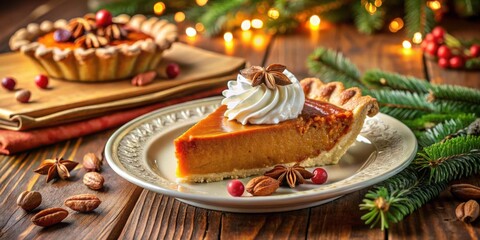 Aufkleber - A Slice of Pumpkin Pie with Whipped Cream and Star Anise on a Plate Decorated with Holiday Accents