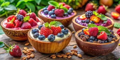 Poster - A Delightful Arrangement of Wooden Bowls Filled with Fresh Berries and Cream, Displayed on a Rustic Wooden Tabletop