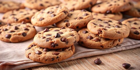 Poster - A close-up view of chocolate chip cookies stacked on a linen napkin, with additional cookies scattered around, creating a delightful and tempting scene.