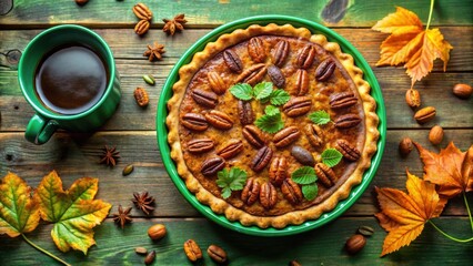 Poster - A Rustic Autumnal Still Life with a Pecan Pie, a Cup of Coffee, and Fall Leaves on a Wooden Surface