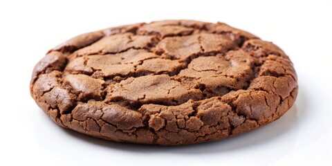 Poster - A close-up of a single chocolate chip cookie with a deep brown hue and a rough, uneven texture, showcasing the delicate cracks and crevices that form during baking.