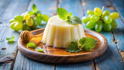 Poster - Creamy Vanilla Pudding with Fresh Mint and Grapes on Rustic Wooden Table