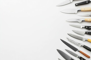 Poster - A collection of kitchen knives displayed on a clean white surface, showcasing different styles and designs suitable for various culinary tasks. Generative AI