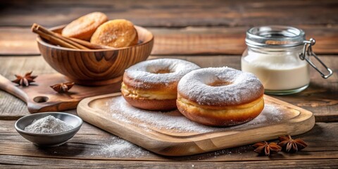 Poster - Two Powdered Sugar Donuts on a Wooden Cutting Board with Powdered Sugar and Star Anise on a Rustic Wooden Table