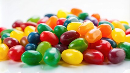 Poster - A colorful assortment of jelly beans, showcasing a vibrant spectrum of colors, with each bean reflecting light and showcasing its glossy, smooth surface.