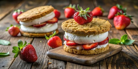 Poster - A delightful treat featuring a cookie sandwich filled with creamy whipped topping and fresh strawberries, a perfect summertime dessert.