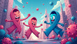 © Marina - Cartoon ribbon characters battling evil cells in a vibrant cityscape, showcasing the fight against cancer
