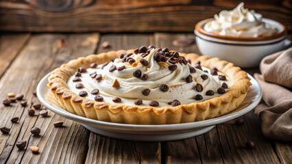 Poster - A creamy pastry topped with chocolate chips and a swirl of whipped cream, sitting on a wooden table and a white plate.