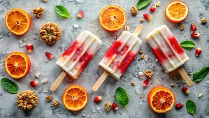Aufkleber - Homemade frozen treats with orange slices, pomegranate seeds, and mint leaves on a gray background
