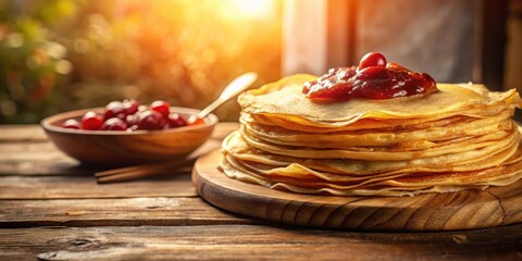 Poster - A stack of golden brown crepes topped with sweet red jam and a single berry,  sitting on a wooden platter with blurred bokeh background.