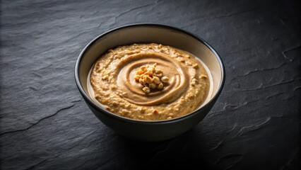 Poster - Creamy peanut butter dip served in a bowl with roasted peanuts on top, on a dark slate background.