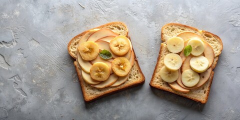 Poster - A Close-Up View of Two Slices of Toasted Bread Topped with Sliced Apples and Bananas, Decorated with Fresh Mint Leaves