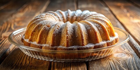 Poster - A golden brown bundt cake with a generous dusting of powdered sugar, resting on a glass plate atop a rustic wooden table
