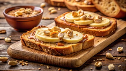 Poster - Two Slices of Toast Topped with Banana, Caramel and Toasted Nuts on a Wooden Cutting Board