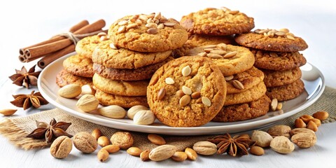 Poster - A plate of golden brown cookies topped with roasted almonds and a sprinkle of cinnamon,  surrounded by star anise and nuts on a rustic burlap table runner