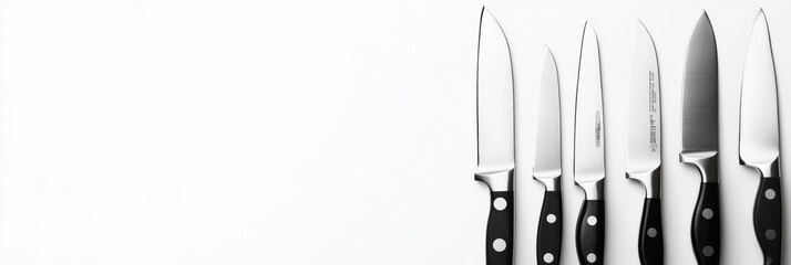 Aufkleber - Various knives are neatly arranged on a white background, showcasing their sleek designs and sharp blades, ideal for cooking tasks. Generative AI