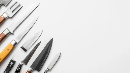 Poster - Various kitchen knives are thoughtfully arranged on a clean white background, highlighting an assortment of designs ideal for food preparation. Generative AI