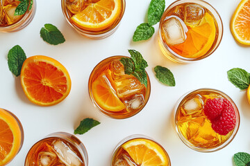 Wall Mural - Colored iced teas in glasses, garnished with fruit slices, arranged on white surface.