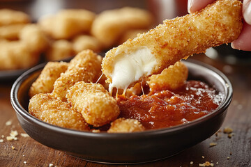 Wall Mural - Hand dipping fried mozzarella stick into bowl of marinara sauce.