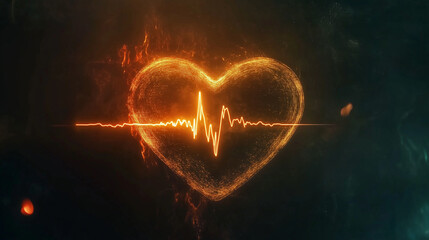 Wall Mural - An illustration of a heart with cardiogram lines on dark background. 