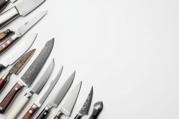 Poster - An assortment of kitchen knives is arranged neatly on a white surface, showcasing their designs and functionality for food preparation. Generative AI