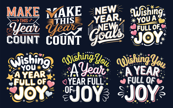 Set of Happy New Year Typography T-Shirt Designs - Vector Collection