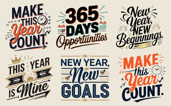 Set of Happy New Year Typography T-Shirt Designs - Vector Collection