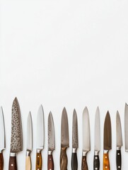 Poster - A collection of kitchen knives neatly arranged on a white surface, highlighting their diverse designs and functionalities for food preparation. Generative AI
