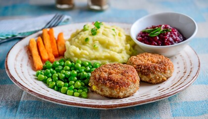 Poster - Close-Up of a Traditional Swedish Wallenbergare Dish with Mashed Potatoes, Carrots, and Peas