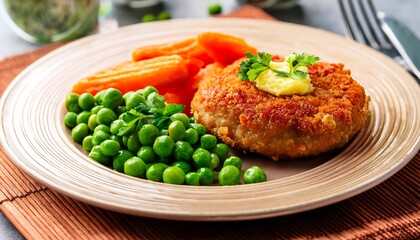 Poster - Close-Up of a Traditional Swedish Wallenbergare Dish with Mashed Potatoes, Carrots, and Peas