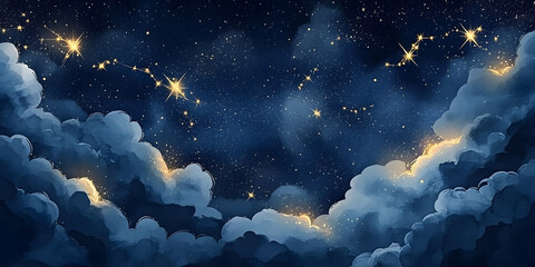 Wall Mural - Seamless night sky pattern with gold foil constellations and stars, soft watercolor clouds in rich midnight hues, creating a dreamy celestial look