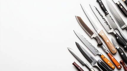 Poster - An assortment of kitchen knives displayed on a white background, showcasing different styles and functions for culinary use and preparation. Generative AI