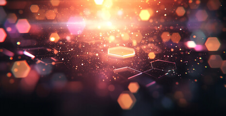 Poster - Vibrant hexagonal patterns illuminated by dazzling light effects create an enchanting digital atmosphere
