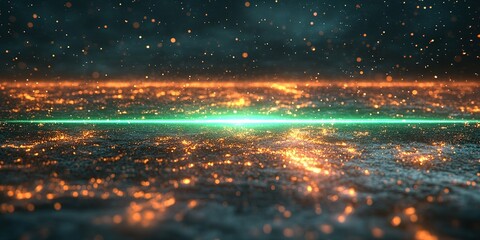 Poster - Digital abstract landscape showcasing bright colors and glowing particles against a dark background creating a vibrant atmosphere