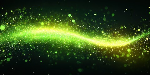 Poster - Vibrant green sparkling wave with glowing particles in a dark background