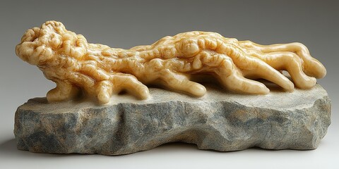 Poster - Unique carved sculpture of a creature on a stone base showcasing intricate details and textures