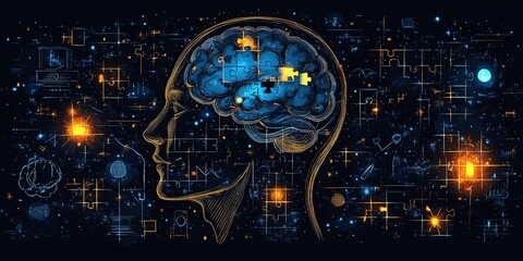 Poster - Illustration of a puzzle-like brain design showcasing knowledge and creativity in a dark, abstract background