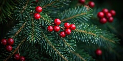 Wall Mural - Close-up view of evergreen branches adorned with bright red berries during winter season in a serene forest setting