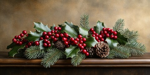 Wall Mural - Holiday decor with holly, berries, pinecones, and fir branches on wooden surface for festive atmosphere