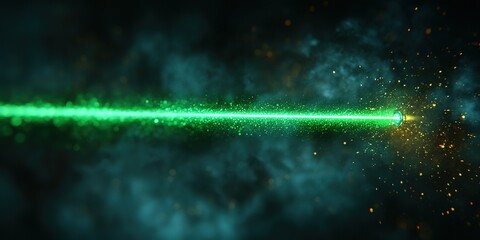 Poster - Bright green laser beam travels through dark atmospheric space filled with shimmering particles