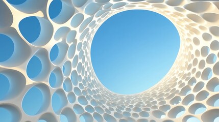 Poster - unique architectural design featuring a circular structure with perforated patterns against a clear 