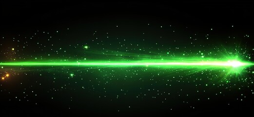 Poster - Bright green laser beam cutting through a starry night sky with sparkling particles in the background