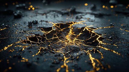 Aufkleber - Cracked surface illuminated by golden lines abstract art dark setting high contrast detailed texture for visual impact