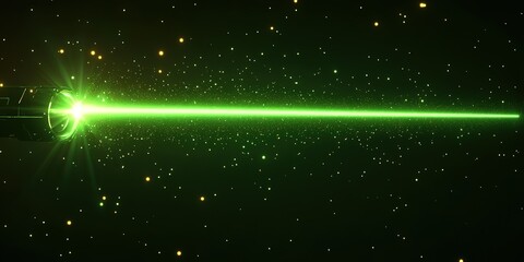Poster - Green laser beam illuminates the dark space filled with shimmering particles and stars