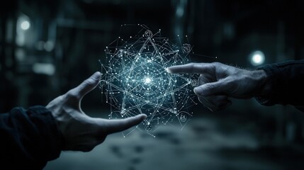 Leinwandbilder - Fingers and shadows digital connections in a futuristic abstract dark space environment