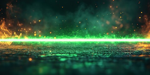 Fototapete - Bright green laser cutting through smoke and fire in dark setting creates a vibrant contrast