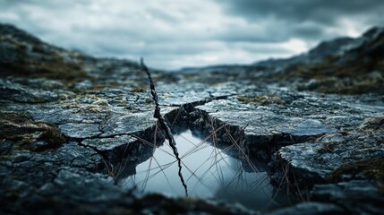 Poster - Dramatic nature photography close-up view of cracked earth and reflections in a moody landscape environment