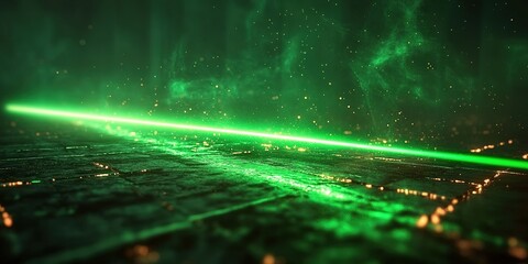 Poster - Green laser beam illuminated in a dark futuristic environment with glowing particles and textures